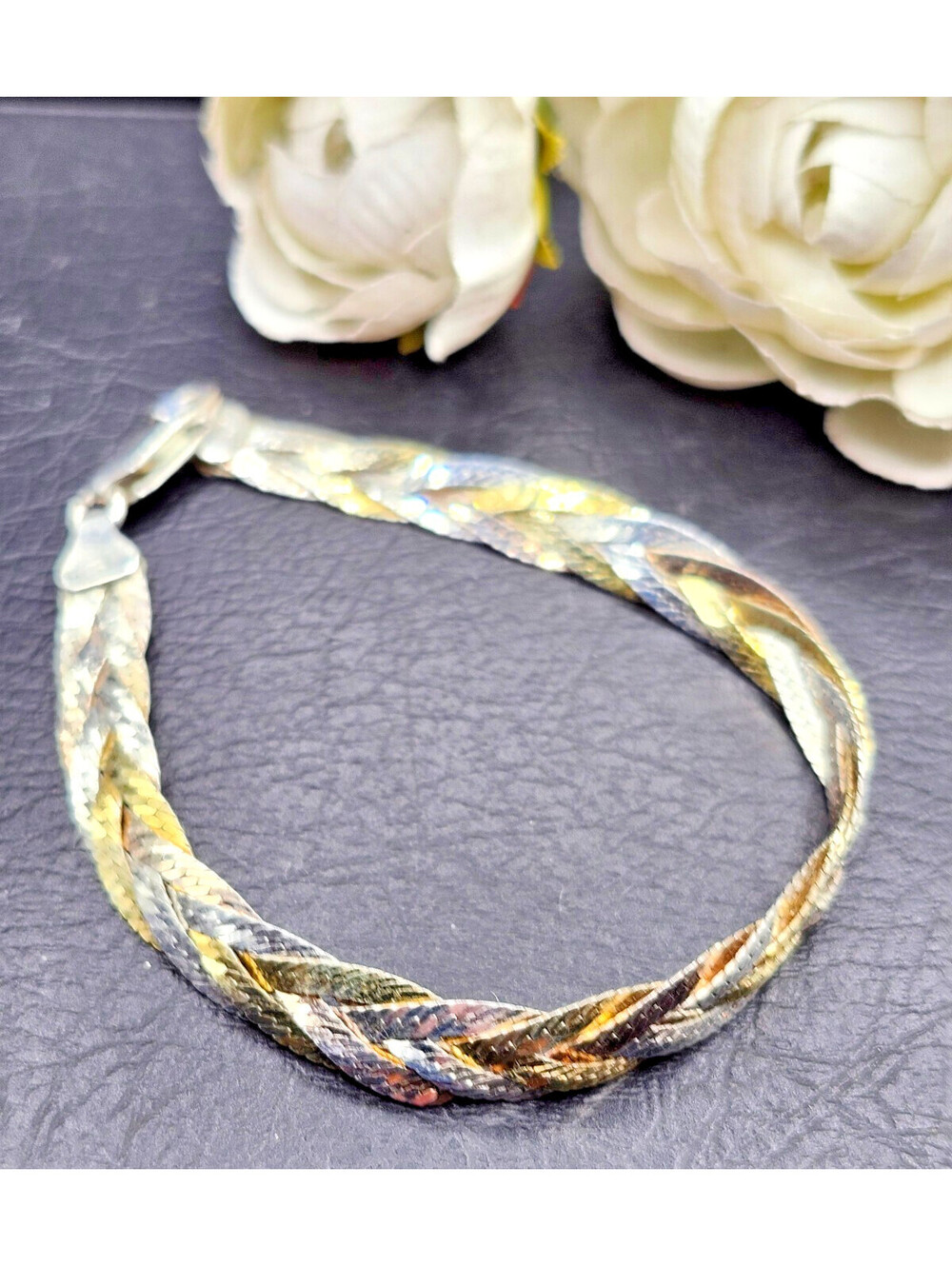Vtg 925 Silver Tri Color Yellow Rose Gold Plated Braided Herringbone Bracelet 7"